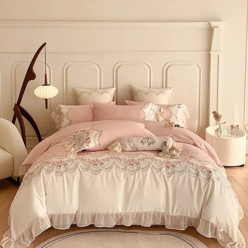 Flytonn-1000TC Egyptian Cotton Romantic French Princess Bedding Set Rose Embroidery Lace Ruffles Duvet Cover Set Bed Sheet Pillowcases