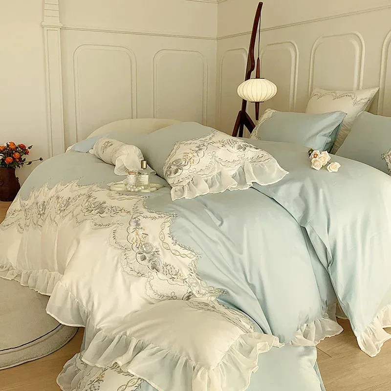 Flytonn-1000TC Egyptian Cotton Romantic French Princess Bedding Set Rose Embroidery Lace Ruffles Duvet Cover Set Bed Sheet Pillowcases