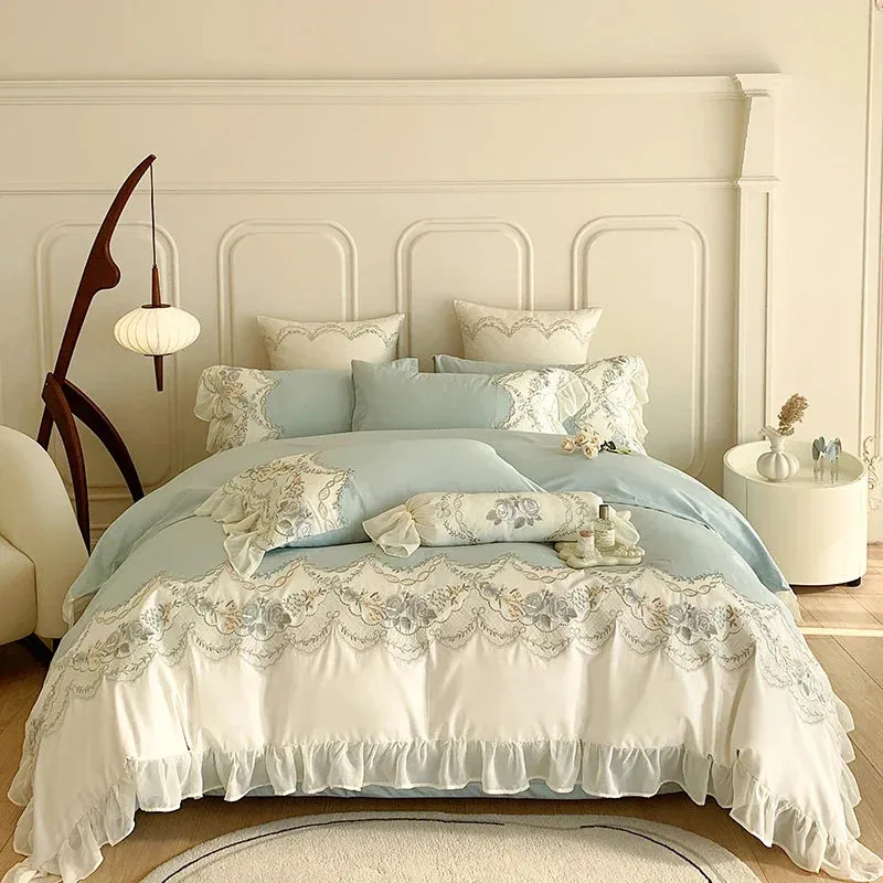 Flytonn-1000TC Egyptian Cotton Romantic French Princess Bedding Set Rose Embroidery Lace Ruffles Duvet Cover Set Bed Sheet Pillowcases