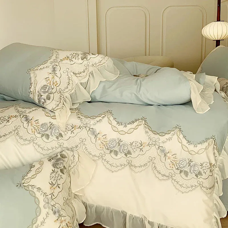 Flytonn-1000TC Egyptian Cotton Romantic French Princess Bedding Set Rose Embroidery Lace Ruffles Duvet Cover Set Bed Sheet Pillowcases