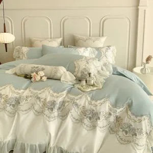 Flytonn-1000TC Egyptian Cotton Romantic French Princess Bedding Set Rose Embroidery Lace Ruffles Duvet Cover Set Bed Sheet Pillowcases