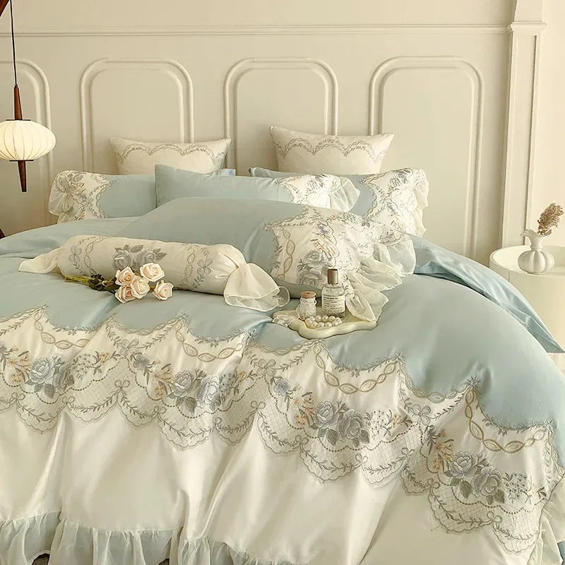 Flytonn-1000TC Egyptian Cotton Romantic French Princess Bedding Set Rose Embroidery Lace Ruffles Duvet Cover Set Bed Sheet Pillowcases