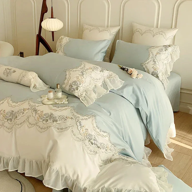 Flytonn-1000TC Egyptian Cotton Romantic French Princess Bedding Set Rose Embroidery Lace Ruffles Duvet Cover Set Bed Sheet Pillowcases
