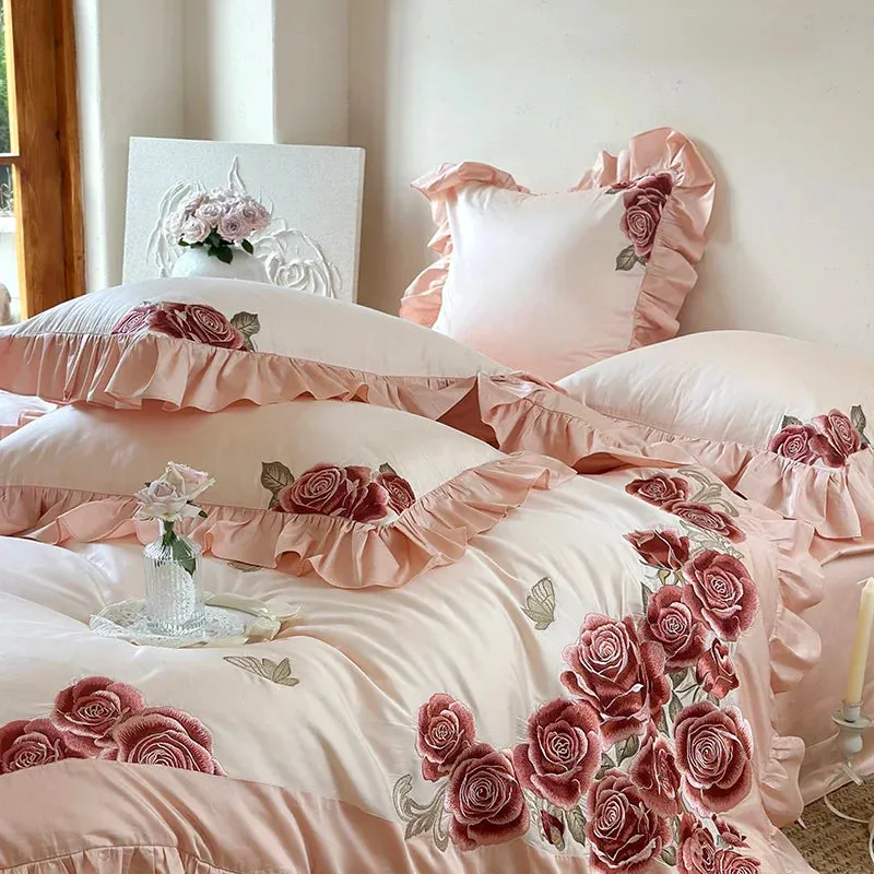 Flytonn-4Pcs Luxury Butterfly Flowers Embroidery Ruffles Wedding Bedding Set 1400TC Egyptian Cotton Duvet Coves Set Bed Sheet Pillowcase