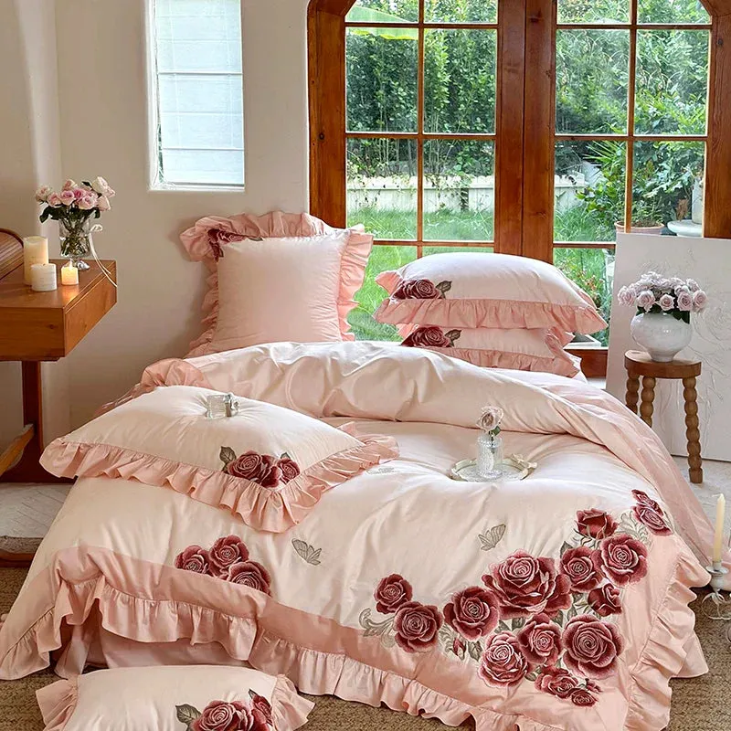 Flytonn-4Pcs Luxury Butterfly Flowers Embroidery Ruffles Wedding Bedding Set 1400TC Egyptian Cotton Duvet Coves Set Bed Sheet Pillowcase
