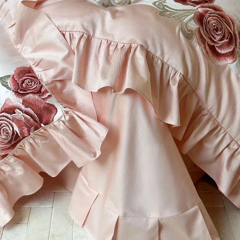 Flytonn-4Pcs Luxury Butterfly Flowers Embroidery Ruffles Wedding Bedding Set 1400TC Egyptian Cotton Duvet Coves Set Bed Sheet Pillowcase