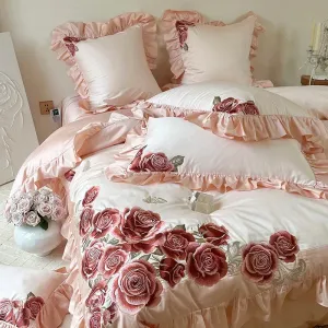 Flytonn-4Pcs Luxury Butterfly Flowers Embroidery Ruffles Wedding Bedding Set 1400TC Egyptian Cotton Duvet Coves Set Bed Sheet Pillowcase