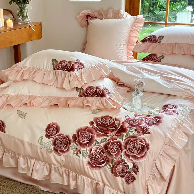 Flytonn-4Pcs Luxury Butterfly Flowers Embroidery Ruffles Wedding Bedding Set 1400TC Egyptian Cotton Duvet Coves Set Bed Sheet Pillowcase
