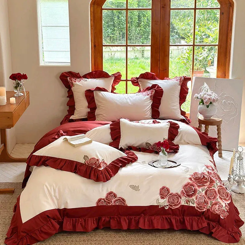 Flytonn-4Pcs Luxury Butterfly Flowers Embroidery Ruffles Wedding Bedding Set 1400TC Egyptian Cotton Duvet Coves Set Bed Sheet Pillowcase