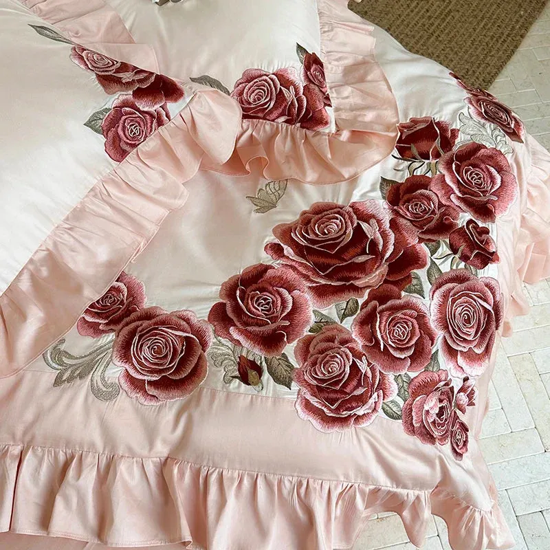 Flytonn-4Pcs Luxury Butterfly Flowers Embroidery Ruffles Wedding Bedding Set 1400TC Egyptian Cotton Duvet Coves Set Bed Sheet Pillowcase