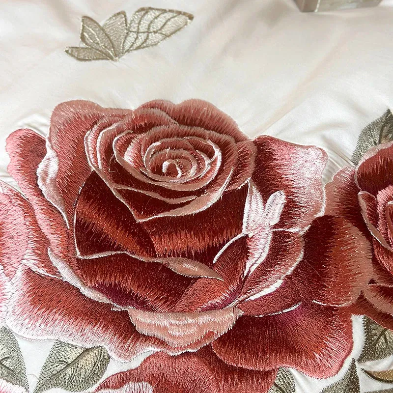 Flytonn-4Pcs Luxury Butterfly Flowers Embroidery Ruffles Wedding Bedding Set 1400TC Egyptian Cotton Duvet Coves Set Bed Sheet Pillowcase