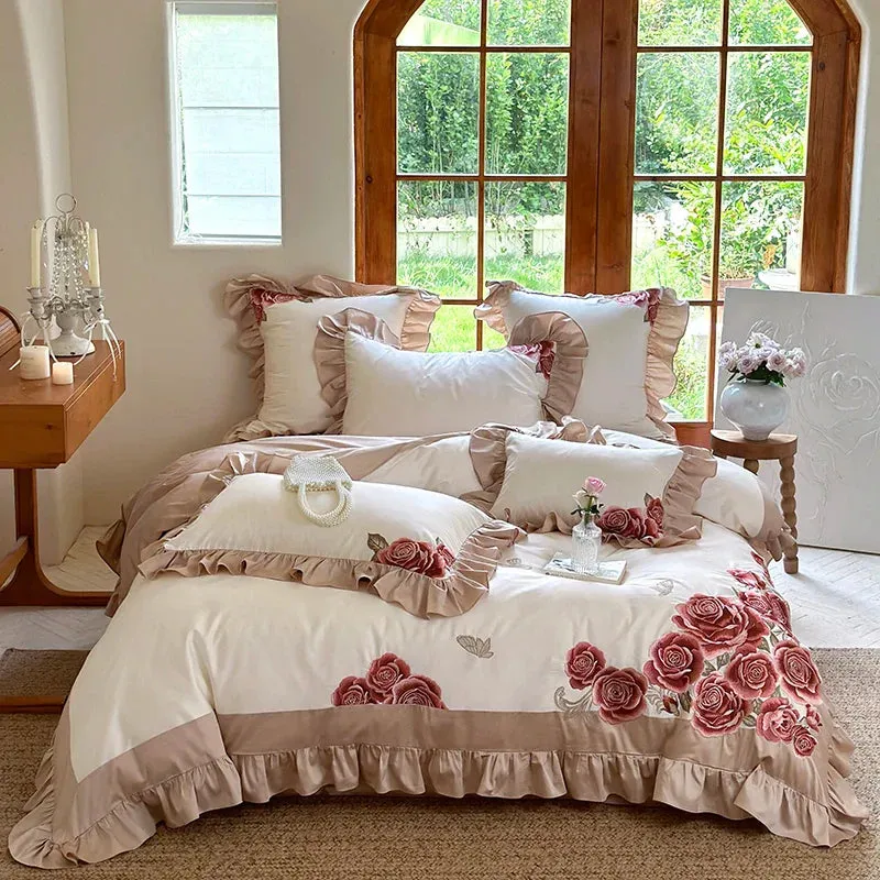 Flytonn-4Pcs Luxury Butterfly Flowers Embroidery Ruffles Wedding Bedding Set 1400TC Egyptian Cotton Duvet Coves Set Bed Sheet Pillowcase