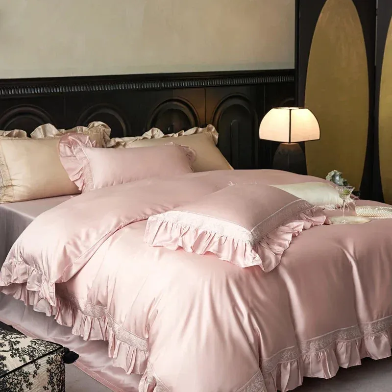 Flytonn-4Pcs Luxury Embroidery Ruffles Bedding Set 1000TC Lyocell Cotton Soft Silky Duvet Coves Set Flat/Fitted Bed Sheet Pillowcases