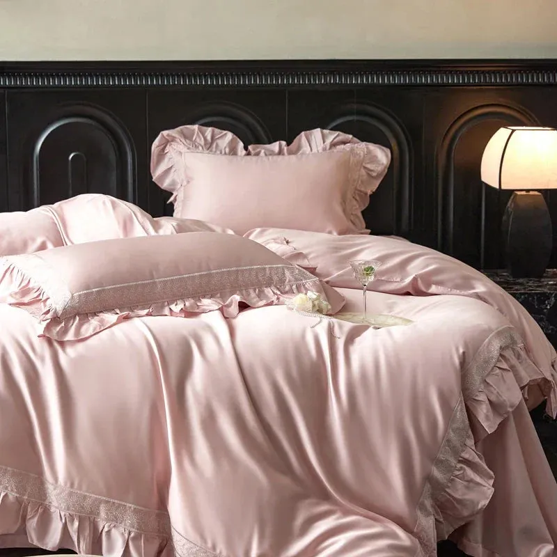 Flytonn-4Pcs Luxury Embroidery Ruffles Bedding Set 1000TC Lyocell Cotton Soft Silky Duvet Coves Set Flat/Fitted Bed Sheet Pillowcases