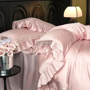 Flytonn-4Pcs Luxury Embroidery Ruffles Bedding Set 1000TC Lyocell Cotton Soft Silky Duvet Coves Set Flat/Fitted Bed Sheet Pillowcases