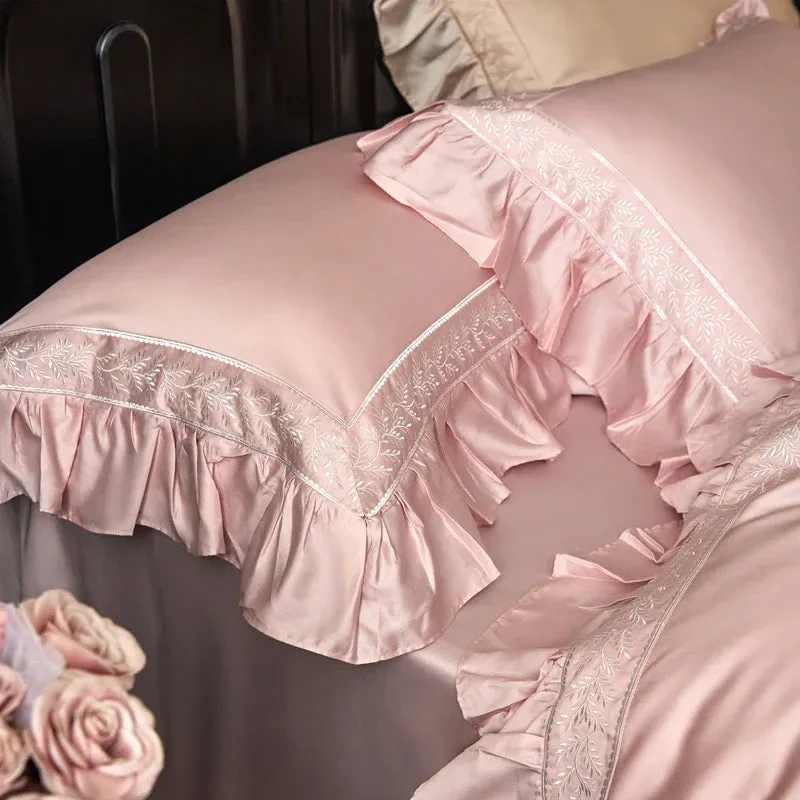 Flytonn-4Pcs Luxury Embroidery Ruffles Bedding Set 1000TC Lyocell Cotton Soft Silky Duvet Coves Set Flat/Fitted Bed Sheet Pillowcases