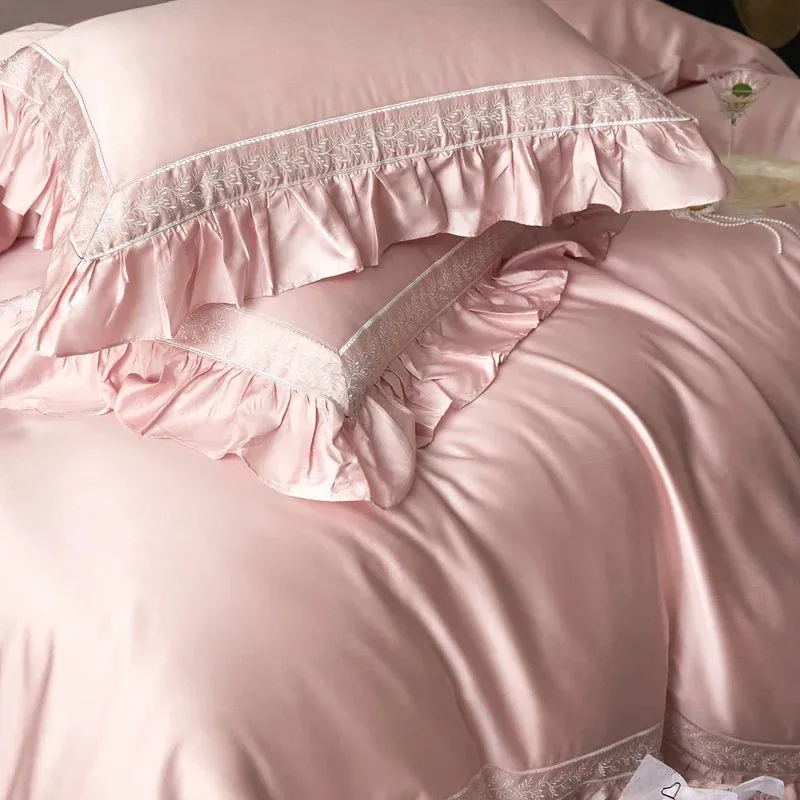 Flytonn-4Pcs Luxury Embroidery Ruffles Bedding Set 1000TC Lyocell Cotton Soft Silky Duvet Coves Set Flat/Fitted Bed Sheet Pillowcases