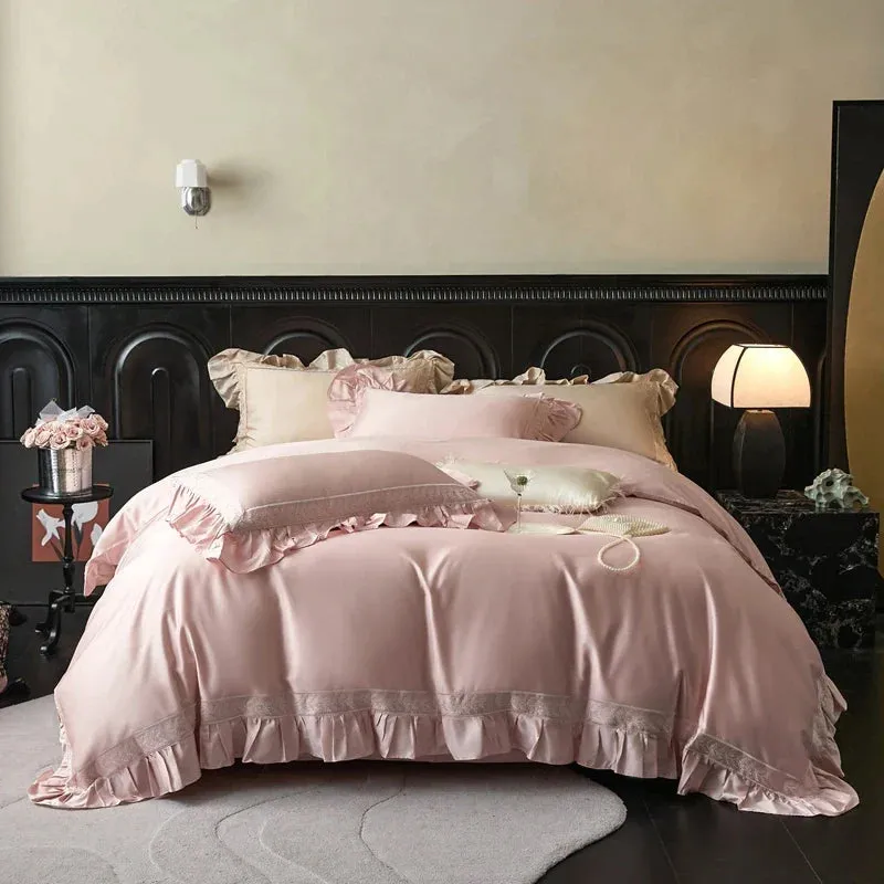 Flytonn-4Pcs Luxury Embroidery Ruffles Bedding Set 1000TC Lyocell Cotton Soft Silky Duvet Coves Set Flat/Fitted Bed Sheet Pillowcases
