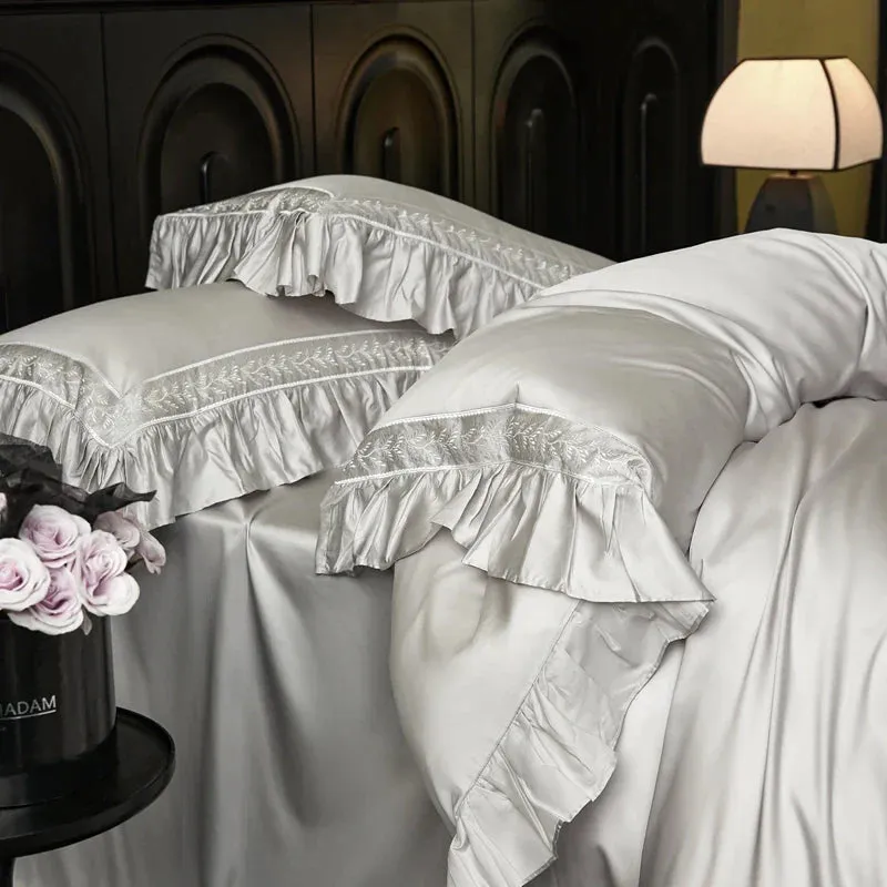 Flytonn-4Pcs Luxury Embroidery Ruffles Bedding Set 1000TC Lyocell Cotton Soft Silky Duvet Coves Set Flat/Fitted Bed Sheet Pillowcases