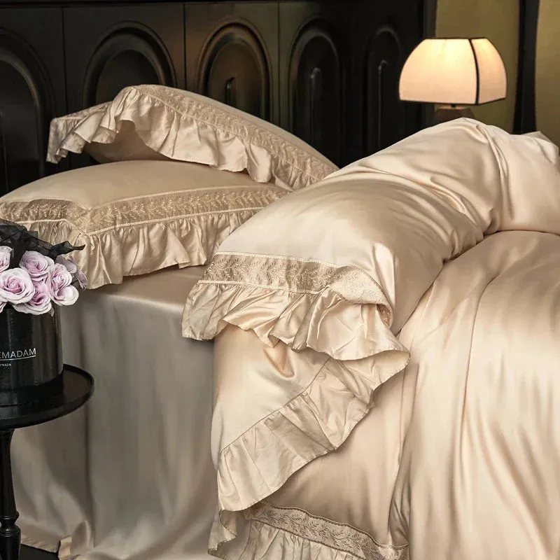 Flytonn-4Pcs Luxury Embroidery Ruffles Bedding Set 1000TC Lyocell Cotton Soft Silky Duvet Coves Set Flat/Fitted Bed Sheet Pillowcases