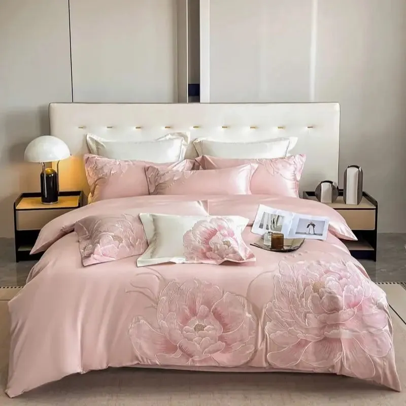 Flytonn-600TC Egyptian Cotton Chinese Style Flowers Embroidery Luxury Bedding Set Duvet Cover Flat/Fitted Bed Sheet Pillowcases 4Pcs