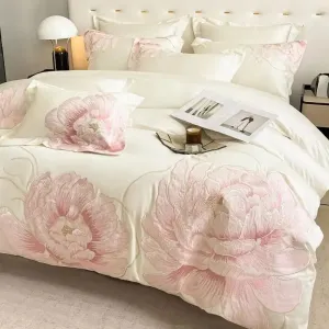 Flytonn-600TC Egyptian Cotton Chinese Style Flowers Embroidery Luxury Bedding Set Duvet Cover Flat/Fitted Bed Sheet Pillowcases 4Pcs