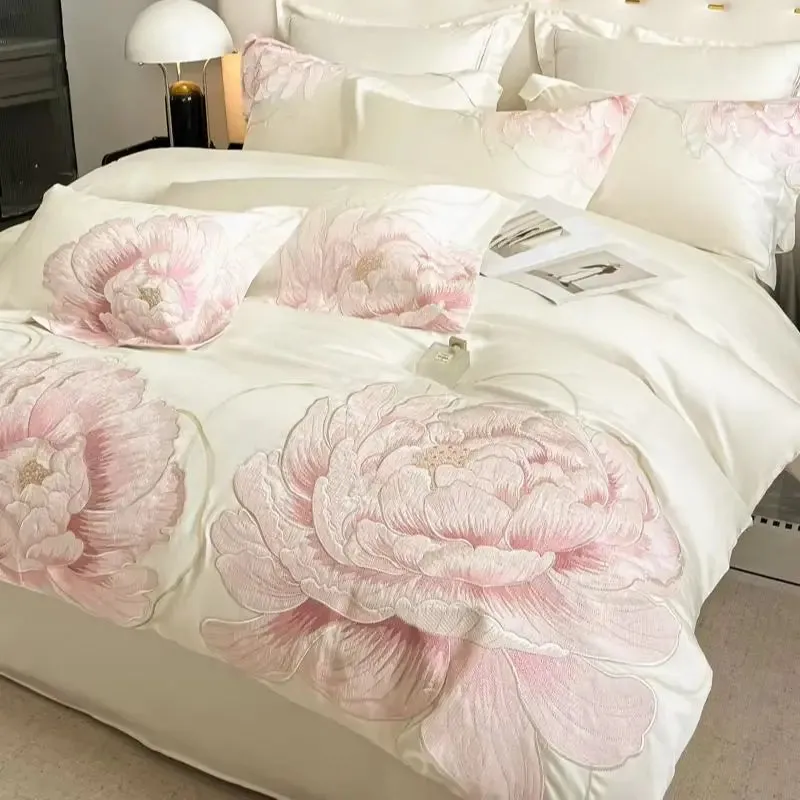 Flytonn-600TC Egyptian Cotton Chinese Style Flowers Embroidery Luxury Bedding Set Duvet Cover Flat/Fitted Bed Sheet Pillowcases 4Pcs