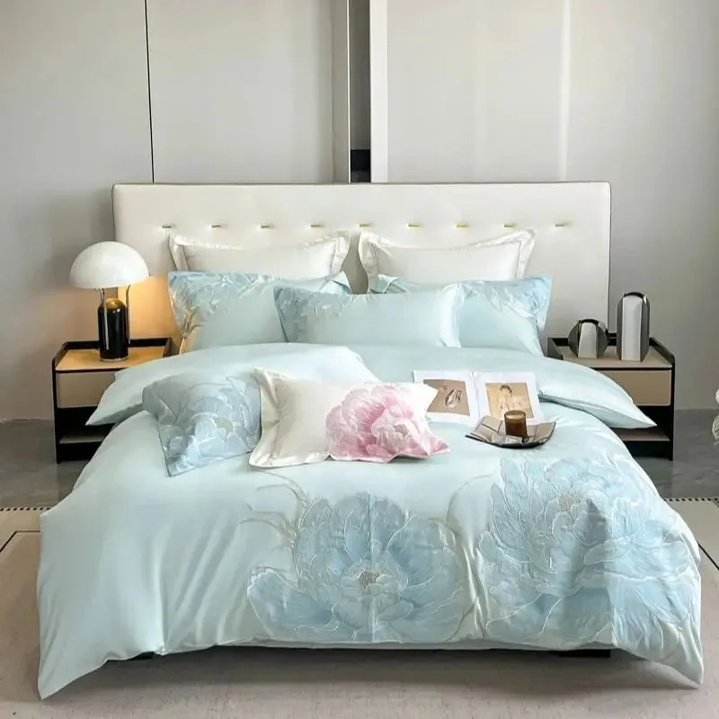 Flytonn-600TC Egyptian Cotton Chinese Style Flowers Embroidery Luxury Bedding Set Duvet Cover Flat/Fitted Bed Sheet Pillowcases 4Pcs