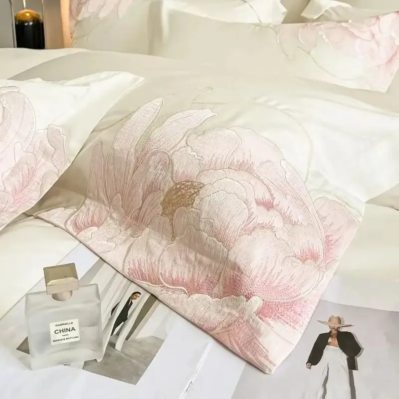 Flytonn-600TC Egyptian Cotton Chinese Style Flowers Embroidery Luxury Bedding Set Duvet Cover Flat/Fitted Bed Sheet Pillowcases 4Pcs