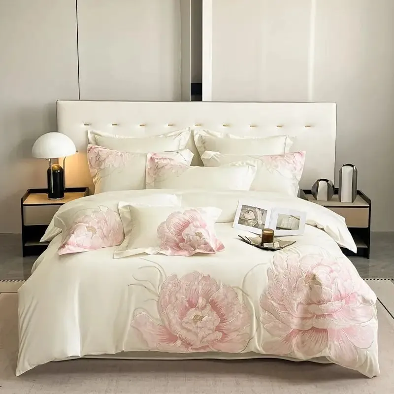 Flytonn-600TC Egyptian Cotton Chinese Style Flowers Embroidery Luxury Bedding Set Duvet Cover Flat/Fitted Bed Sheet Pillowcases 4Pcs