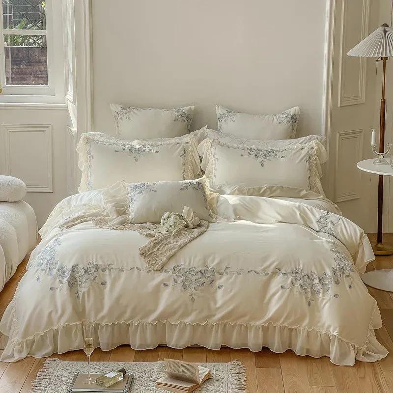 Flytonn-Blue Flowers Embroidery Princess 4Pcs Bedding Set 1000TC Egyptian Cotton Lace Edge Quilt Duvet Cover Set Bed Linen Pillow Shams