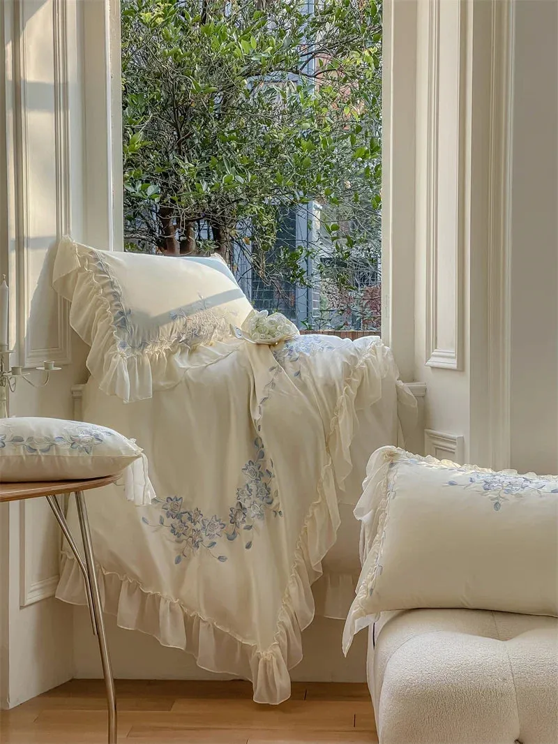 Flytonn-Blue Flowers Embroidery Princess 4Pcs Bedding Set 1000TC Egyptian Cotton Lace Edge Quilt Duvet Cover Set Bed Linen Pillow Shams