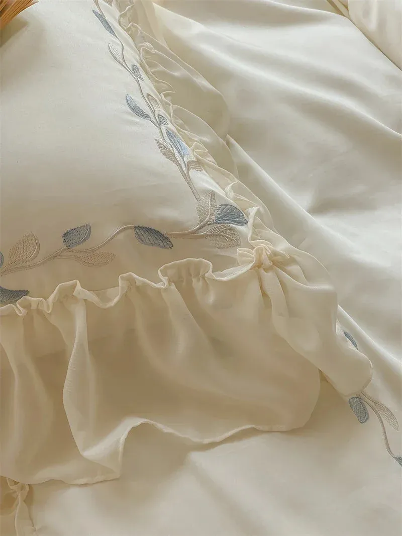 Flytonn-Blue Flowers Embroidery Princess 4Pcs Bedding Set 1000TC Egyptian Cotton Lace Edge Quilt Duvet Cover Set Bed Linen Pillow Shams