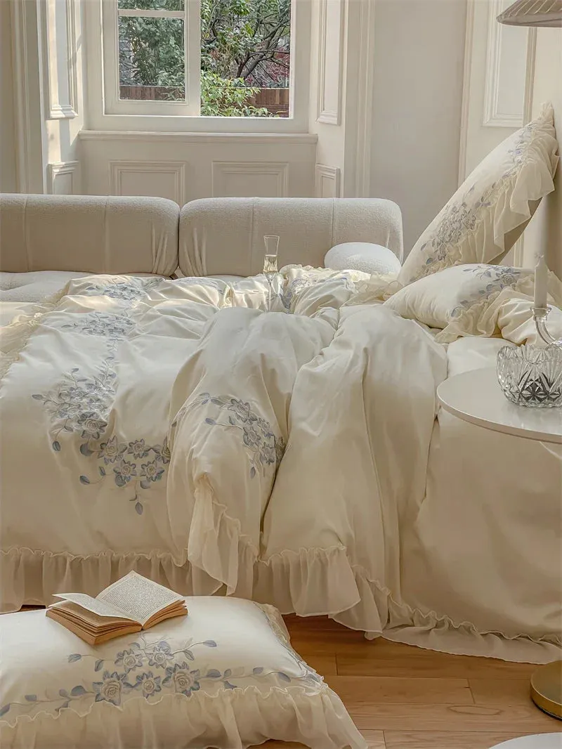 Flytonn-Blue Flowers Embroidery Princess 4Pcs Bedding Set 1000TC Egyptian Cotton Lace Edge Quilt Duvet Cover Set Bed Linen Pillow Shams