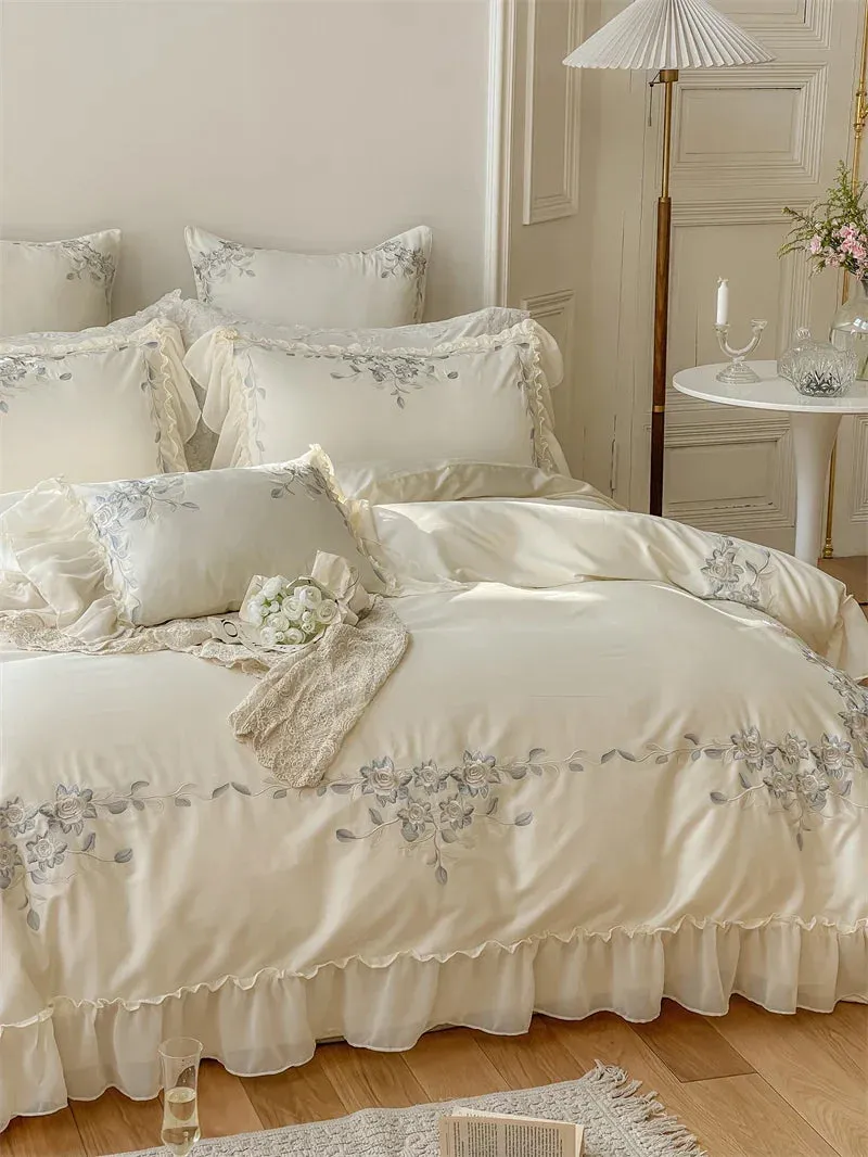 Flytonn-Blue Flowers Embroidery Princess 4Pcs Bedding Set 1000TC Egyptian Cotton Lace Edge Quilt Duvet Cover Set Bed Linen Pillow Shams