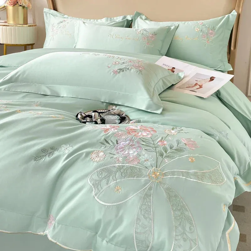 Flytonn-Chic Flowers Embroidery Bedding Set, 100% Cotton, Long Staple, Duvet Cover Set, Flat Sheet, Fitted Bed Sheet, Pillowcases, 400TC