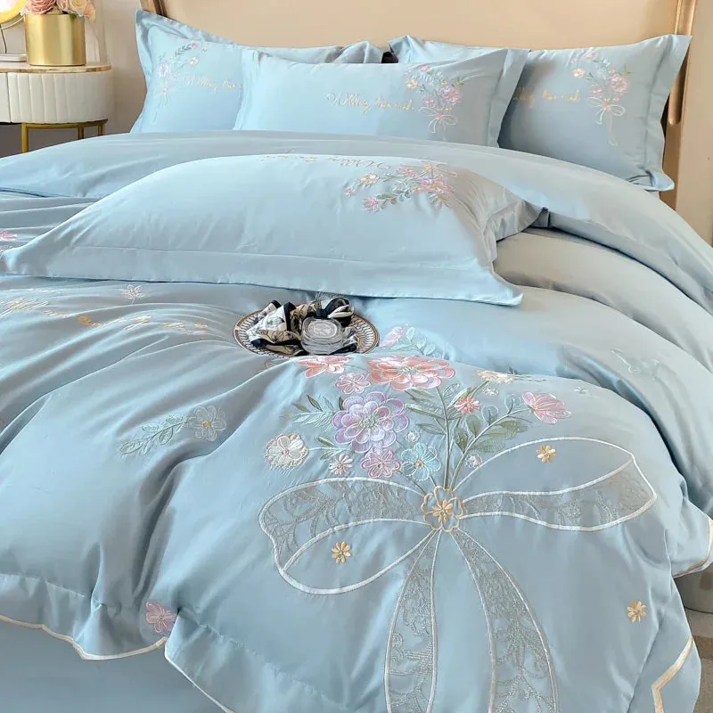 Flytonn-Chic Flowers Embroidery Bedding Set, 100% Cotton, Long Staple, Duvet Cover Set, Flat Sheet, Fitted Bed Sheet, Pillowcases, 400TC