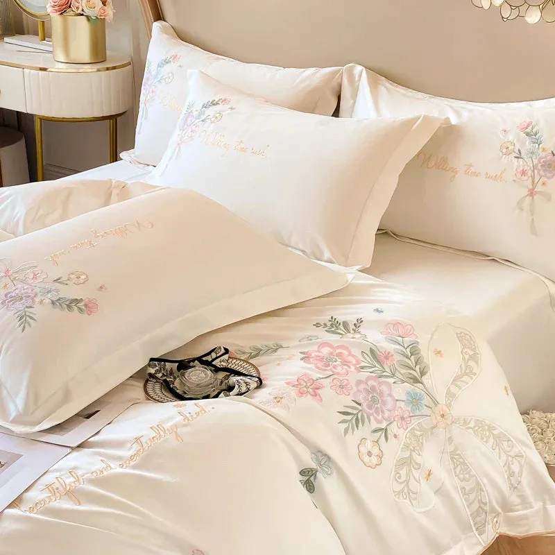 Flytonn-Chic Flowers Embroidery Bedding Set, 100% Cotton, Long Staple, Duvet Cover Set, Flat Sheet, Fitted Bed Sheet, Pillowcases, 400TC