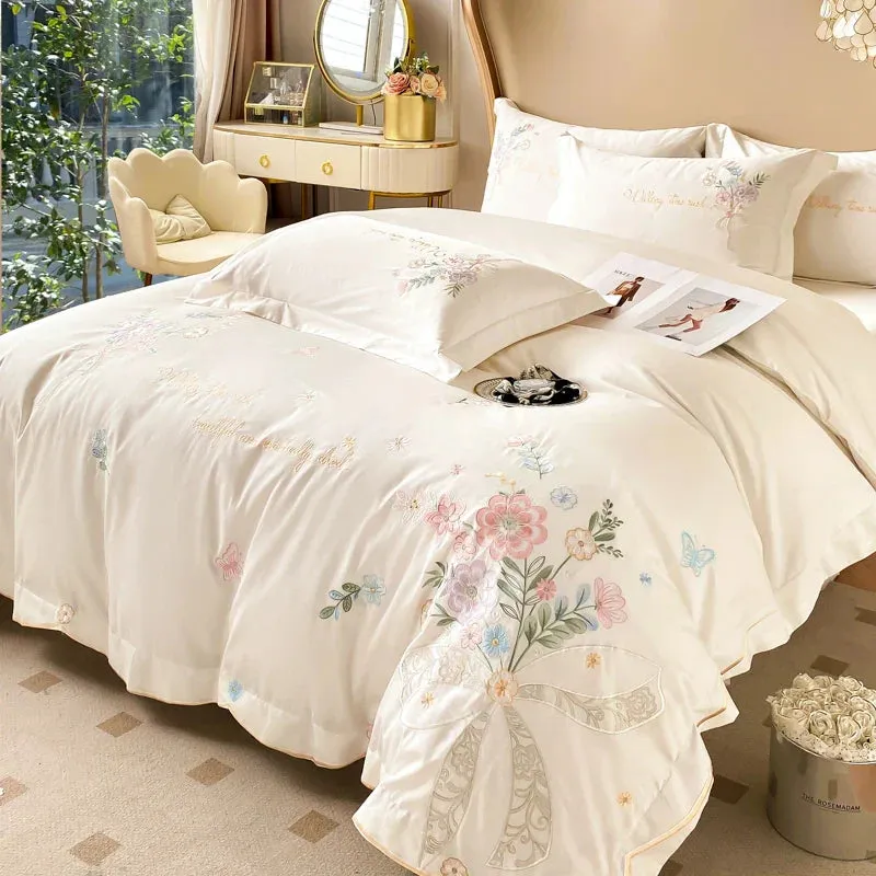 Flytonn-Chic Flowers Embroidery Bedding Set, 100% Cotton, Long Staple, Duvet Cover Set, Flat Sheet, Fitted Bed Sheet, Pillowcases, 400TC