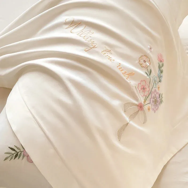 Flytonn-Chic Flowers Embroidery Bedding Set, 100% Cotton, Long Staple, Duvet Cover Set, Flat Sheet, Fitted Bed Sheet, Pillowcases, 400TC