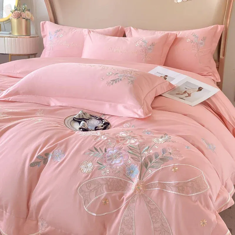 Flytonn-Chic Flowers Embroidery Bedding Set, 100% Cotton, Long Staple, Duvet Cover Set, Flat Sheet, Fitted Bed Sheet, Pillowcases, 400TC