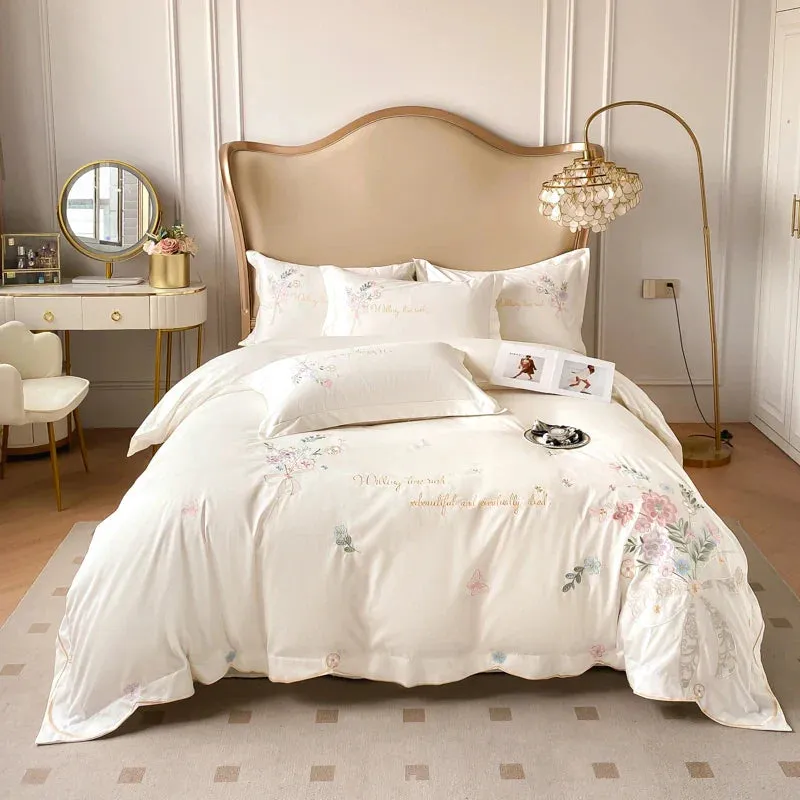 Flytonn-Chic Flowers Embroidery Bedding Set, 100% Cotton, Long Staple, Duvet Cover Set, Flat Sheet, Fitted Bed Sheet, Pillowcases, 400TC