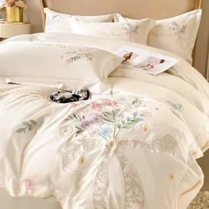 Flytonn-Chic Flowers Embroidery Bedding Set, 100% Cotton, Long Staple, Duvet Cover Set, Flat Sheet, Fitted Bed Sheet, Pillowcases, 400TC