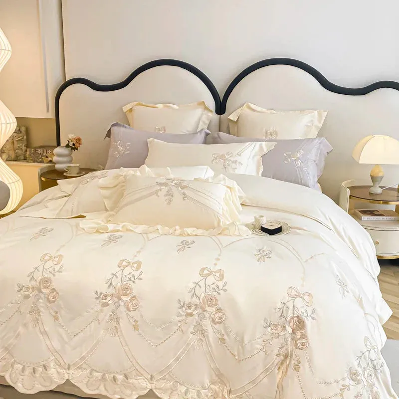 Flytonn-Cream Yellow 1000TC Egyptian Cotton Bedding Set, Rose Flowers, Curve Edge, Embroidery Duvet Cover Set, Bed Sheet, Pillowcases