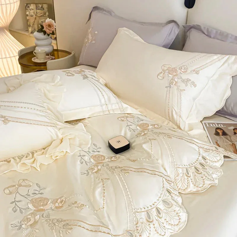Flytonn-Cream Yellow 1000TC Egyptian Cotton Bedding Set, Rose Flowers, Curve Edge, Embroidery Duvet Cover Set, Bed Sheet, Pillowcases