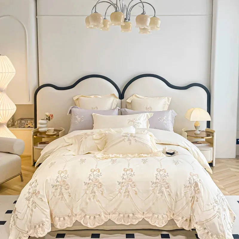 Flytonn-Cream Yellow 1000TC Egyptian Cotton Bedding Set, Rose Flowers, Curve Edge, Embroidery Duvet Cover Set, Bed Sheet, Pillowcases