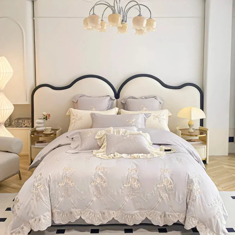 Flytonn-Cream Yellow 1000TC Egyptian Cotton Bedding Set, Rose Flowers, Curve Edge, Embroidery Duvet Cover Set, Bed Sheet, Pillowcases