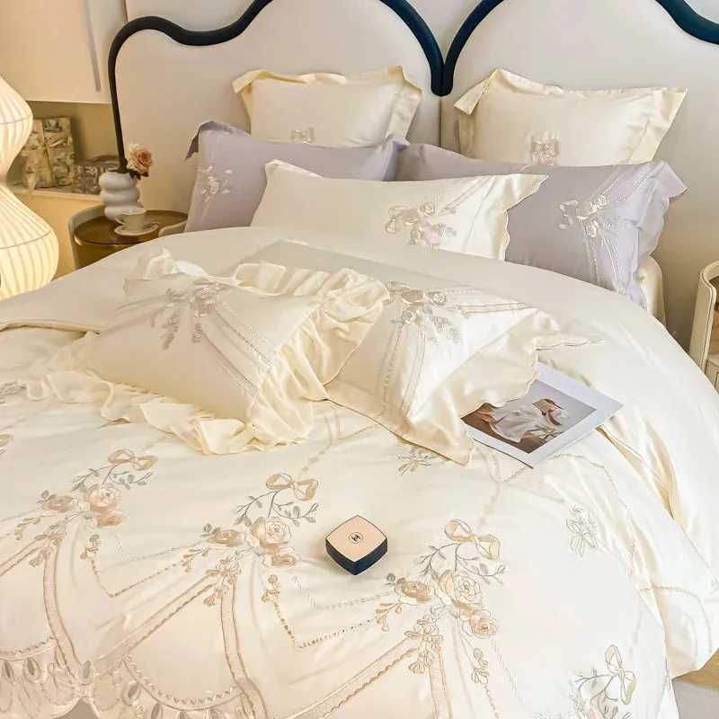 Flytonn-Cream Yellow 1000TC Egyptian Cotton Bedding Set, Rose Flowers, Curve Edge, Embroidery Duvet Cover Set, Bed Sheet, Pillowcases