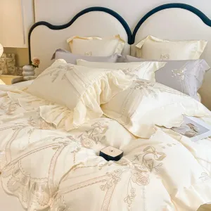 Flytonn-Cream Yellow 1000TC Egyptian Cotton Bedding Set, Rose Flowers, Curve Edge, Embroidery Duvet Cover Set, Bed Sheet, Pillowcases