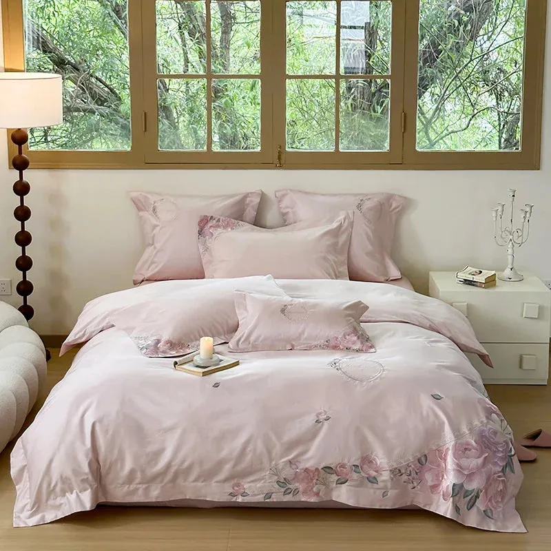 Flytonn-Elegant French Flowers Embroidery, 1000TC Egyptian Cotton, Luxury Bedding Set, Queen, King Size, Duvet Cover, Bed Sh